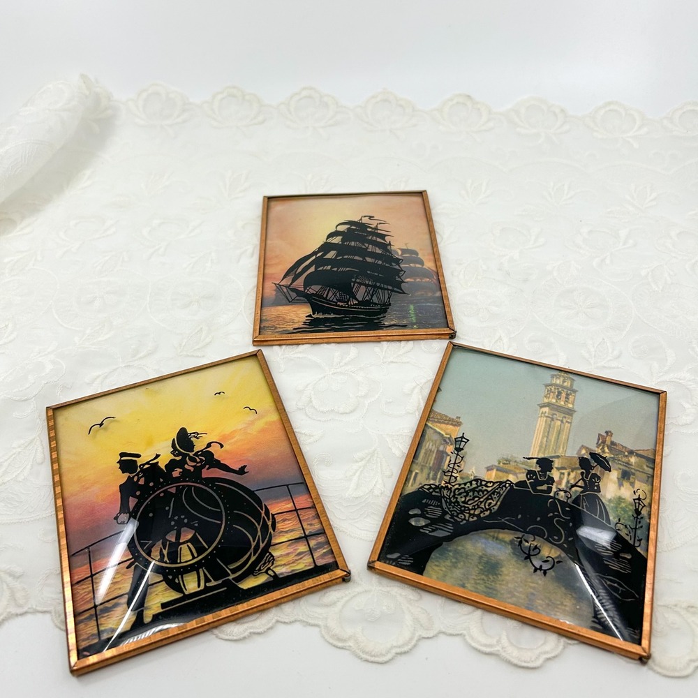 Vintage Reverse Painted Silhouette Art Convex Bubble glass Victorian Mini